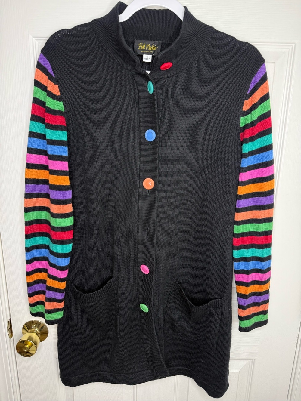 Bob Mackie Wearable Art Cardigan Black Rainbow Striped Sleeves Size M